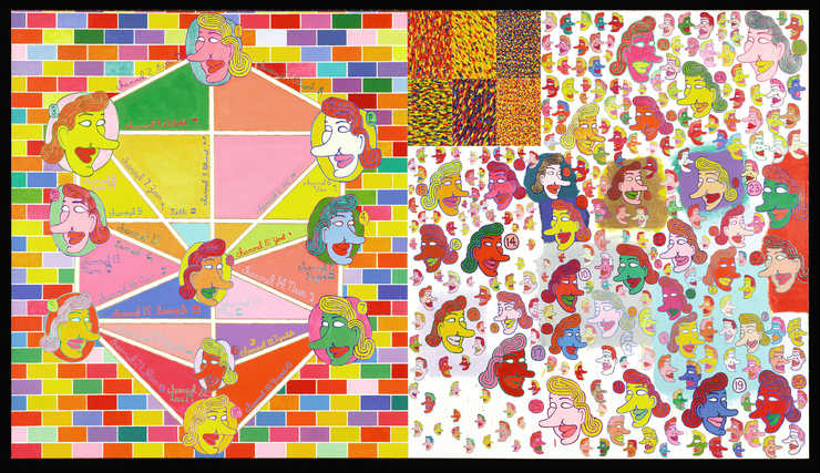 Cartoon like heads repeated over canvas in fluorescent paint.