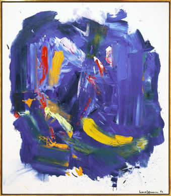 white ground with large blue area. painted over blue are gestural brushstrokes of red, white,...