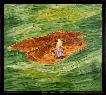 Man holding a shovel digging two large holes in a field of green.  On lower rail of frame in grey...