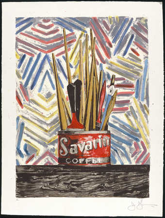 An image of a Savarin Coffee can filled with paint brushes.  A lithograph from seventeen aluminum...
