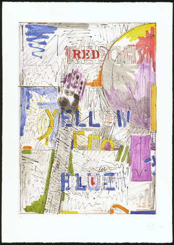 An image comprised of geometric shapes, names of colors, a handprint, and lines.  An itaglio...