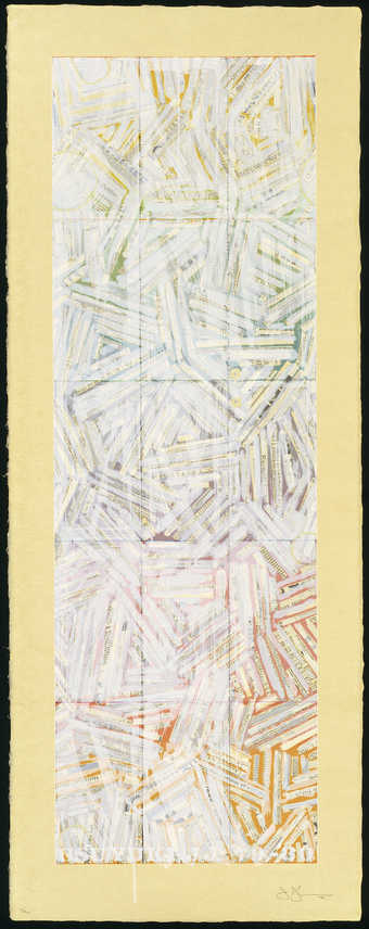 A rectangle composed of groupings of lines printed over black newspaper like text.  The rectangle...