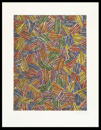 An image composed of groupings of colored lines.  A screenprint from eighteen screens.