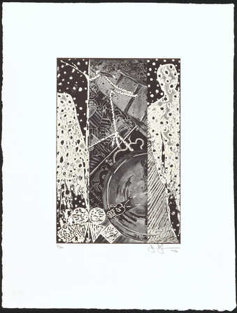 An image of a partial figure R and L margins.  Center of print composition of different images...