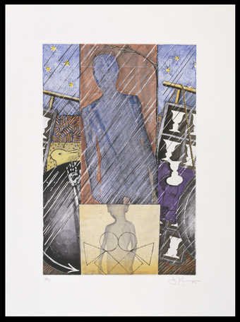 An image of two partial figures in center of print.  R side images of pairs of sillohueted...