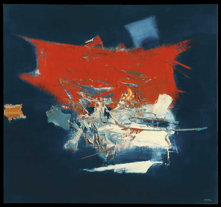 Blue field with abstract form of layers of red, white and blue paint in center of canvas.