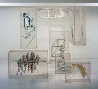 A set of seven inflatalble plastic pillows that are painted wilth images taken from...