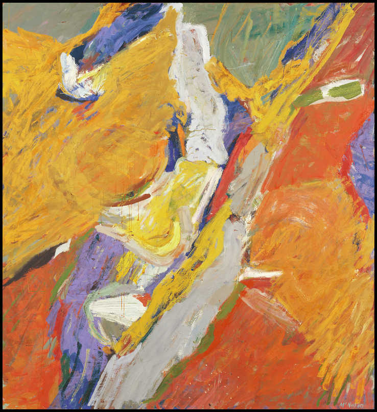 Abstract composition with a strong diagonal movement from TR to LL predominantly colored orange...