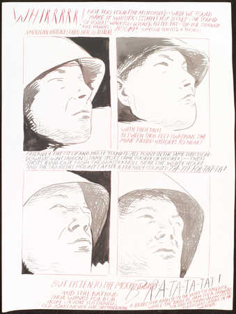 four portraits of a man in a hat;text reads "Whirrrrr!  Not too loud (the helicopter) - -...