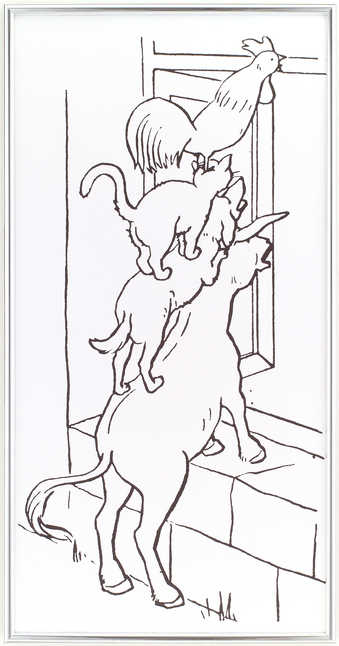 animals standing on top of each other looking out a window; image is black outline on white...