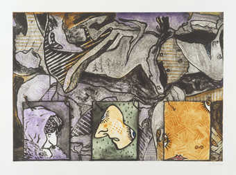 An abstract composition with three images across bottom each image has images of two nails in the...