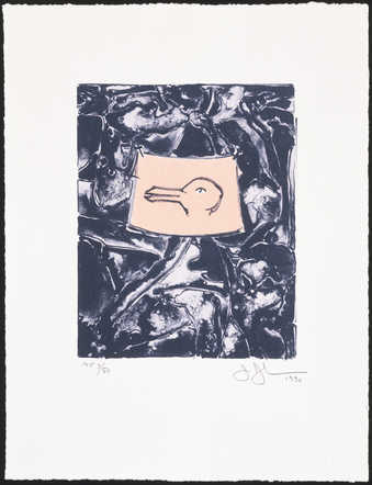 An image of a rabbit or duck head in the center of an abstract composition. The print was made to...