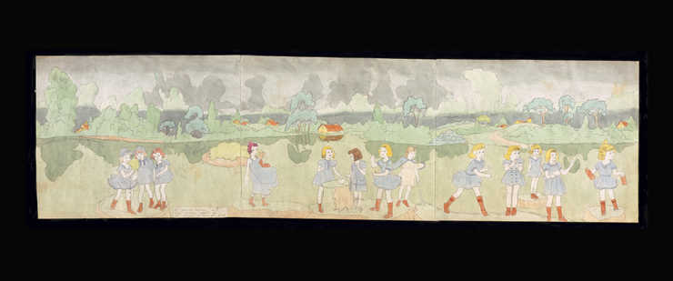 double-sided work on paper.  Sheet is comprised of three seperate sheets adhered together at...