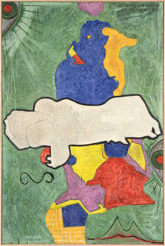 Green field in center of canvas multicolored shapes placed together to make a form  Upper left...