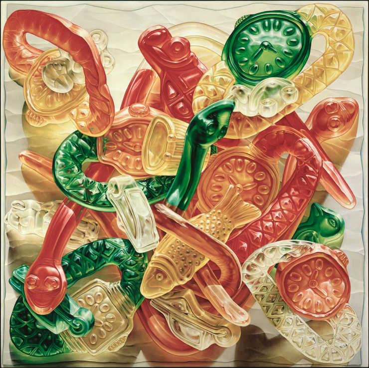 view of candy objects (like gummy bears) watches, snakes, birds, and fish