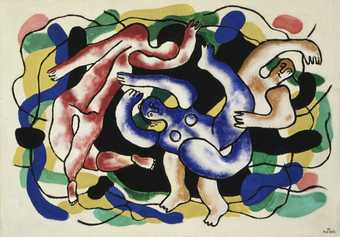 three figures floating in front of black, blue, yellow, green and pink abstract forms.