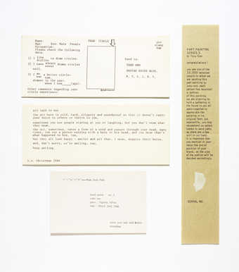 black text on green paper, white paper collage element.  A painting torn into 10,000 pieces,...