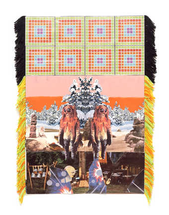 A collage created from LP album covers and yarn