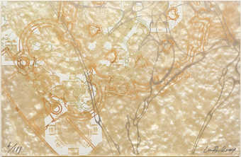 An abstract composition printed on a sheet of acrylic