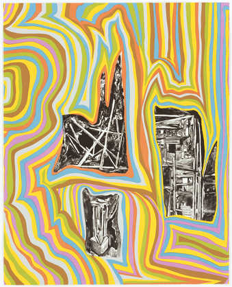 A series of 12 prints hung in a grid in any order.  Included is a wood-cut on fabric that is hung...