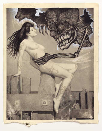 Vintage pornography onto to which the artist has drawn.  A monster like creature grasps a seated...