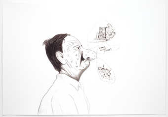 An image of a man with an abnormally large nose. Text and images emanate in sound bubbles from...