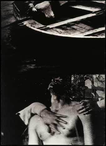 Two images- top a small wooden boat, bottom the torso of nude man, floating in water with other...