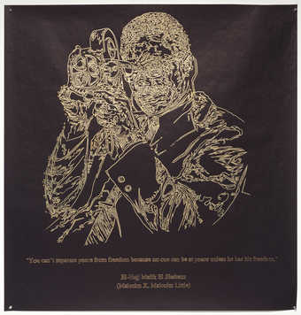 A line drawn image of Malcolm X holding a movie camera executed in gold paint on fadeless black...