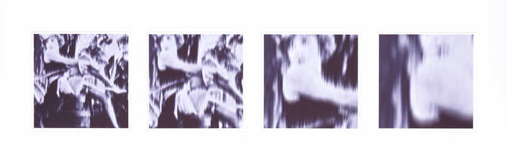 A repeated image of a chorus line dancer progressively zooming in on the dancers shoulder, from...