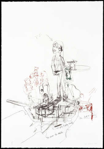 An image of a girl standing over an architectural design.