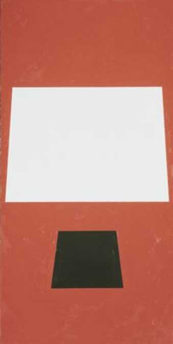 Bright red field.  Center large white trapezoid form.  LC  Smaller black trapezoid form.
