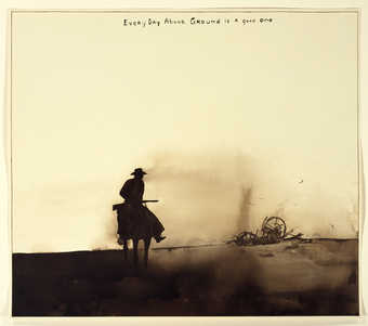 A silhouette image of a cowboy on riding horseback near the remains of a collapsed wagon.  Across...