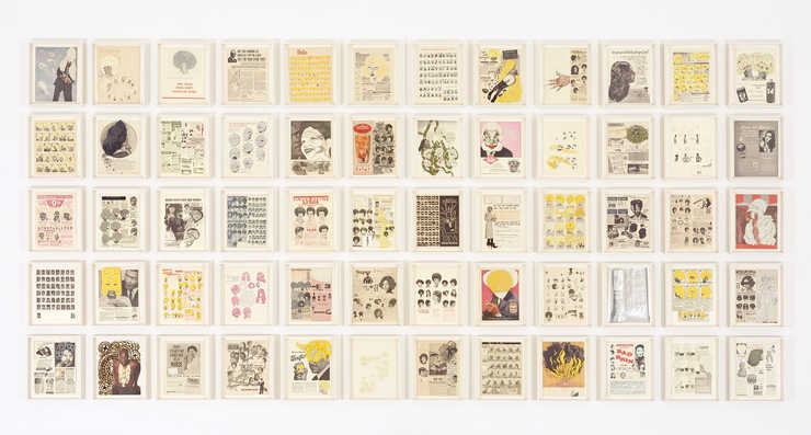 vintage advertisements overprinted, many with sculptural additions