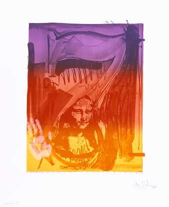A color image of the figure 7 with an image of Mona Lisa superimposed, and a handprint BL.  A...