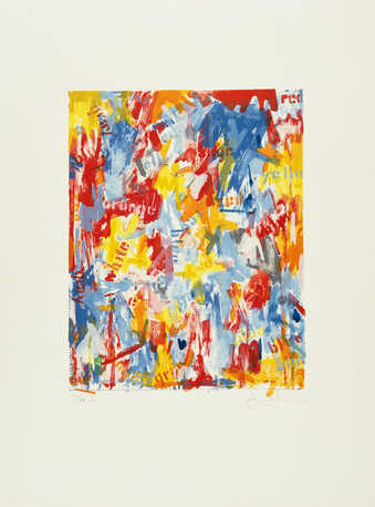 Image composed of areas of blue, orange, red, yellow, and white inks over printed with the names...