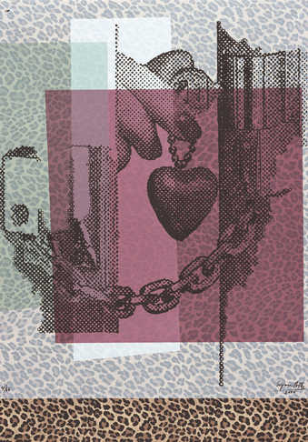 An image of fingers turning a key that is attached to a heart-shaped charm,  Printed on leopard...