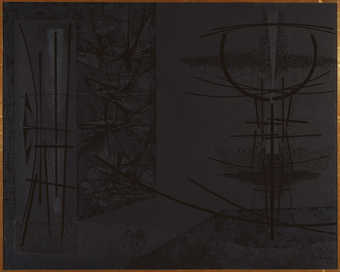 circular, curved and straight bar forms that seem to represent sculptural shapes and planar designs