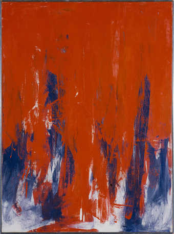 blue overpainted by red.  The red ends in a jagged line in the lower quadrant revealing the blue...