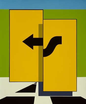 two large yellow vertical oblong shapes over painted with a black arrow reminiscent of a road sign.