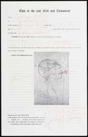 English will and testament form, filled in by hand (by Beuys) and stamped. A postcard/invitation...