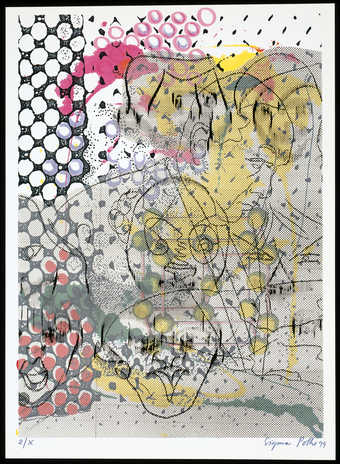 A print constructed of layers of images and patterns contained within a portfolio with 4 text...