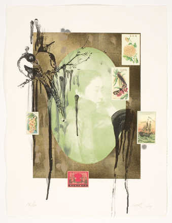 A oval formatted portrait of 19th century Chinese female prostitute, surrounded by gold leaf. ...