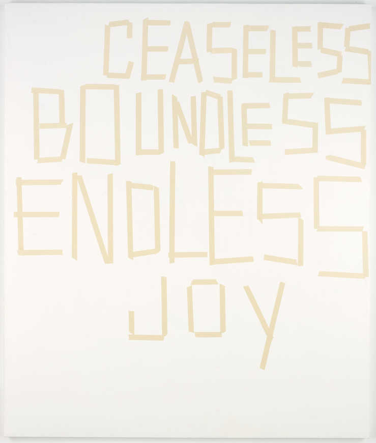 A text based work in which the painted letters, appear to be created from adhesive tape. Text...