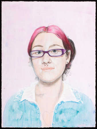 An image of a woman with pink hair, glasses and a pierced nasal septum