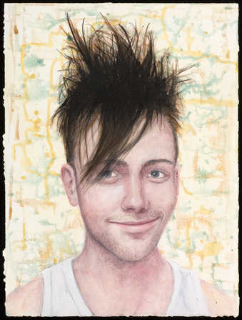 An image of a young man with spiked hair, wearing a sleeveless T shirt.