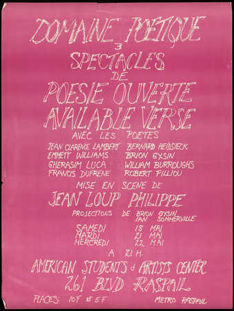 Fuchsia background with white paper color showing through to form text.  Poster advertising...