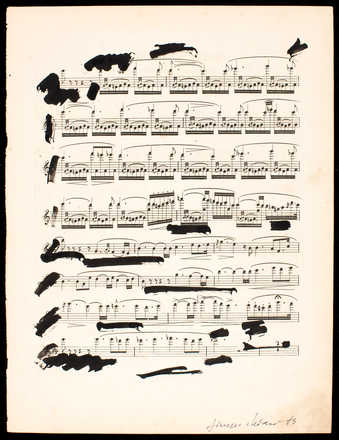 Page of pre-printed sheet music with ink additions, signed and dated by the artist.
