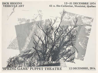 Black and grey print on white paper.  A poster for an exhibition at the Spring Game Puppet...