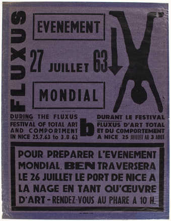 Black letterpress on purple paper with images printed in relief. Poster for Vautier's...