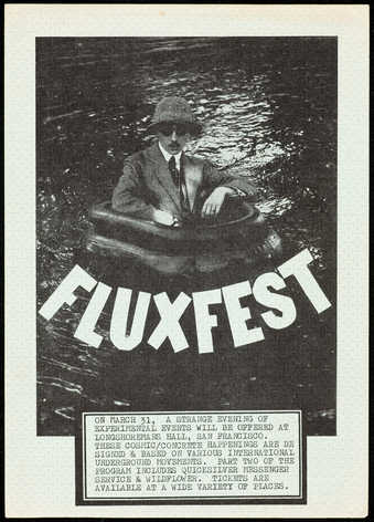Black print on green watermark patterned paper; a poster to Fluxfest, a festival organized by...